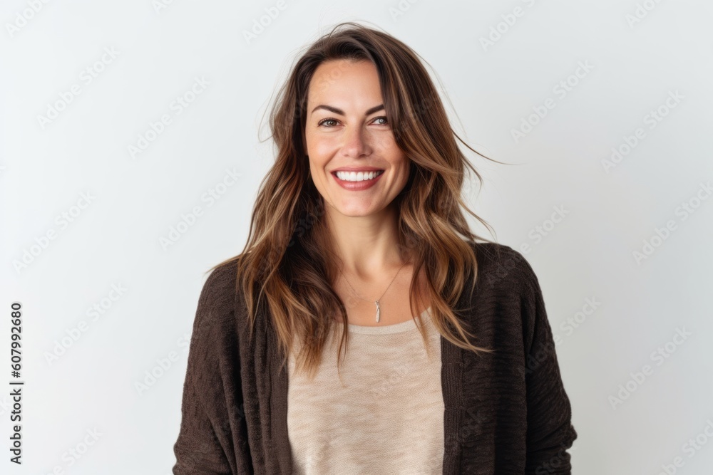 Portrait of a smiling young woman looking at camera over white background