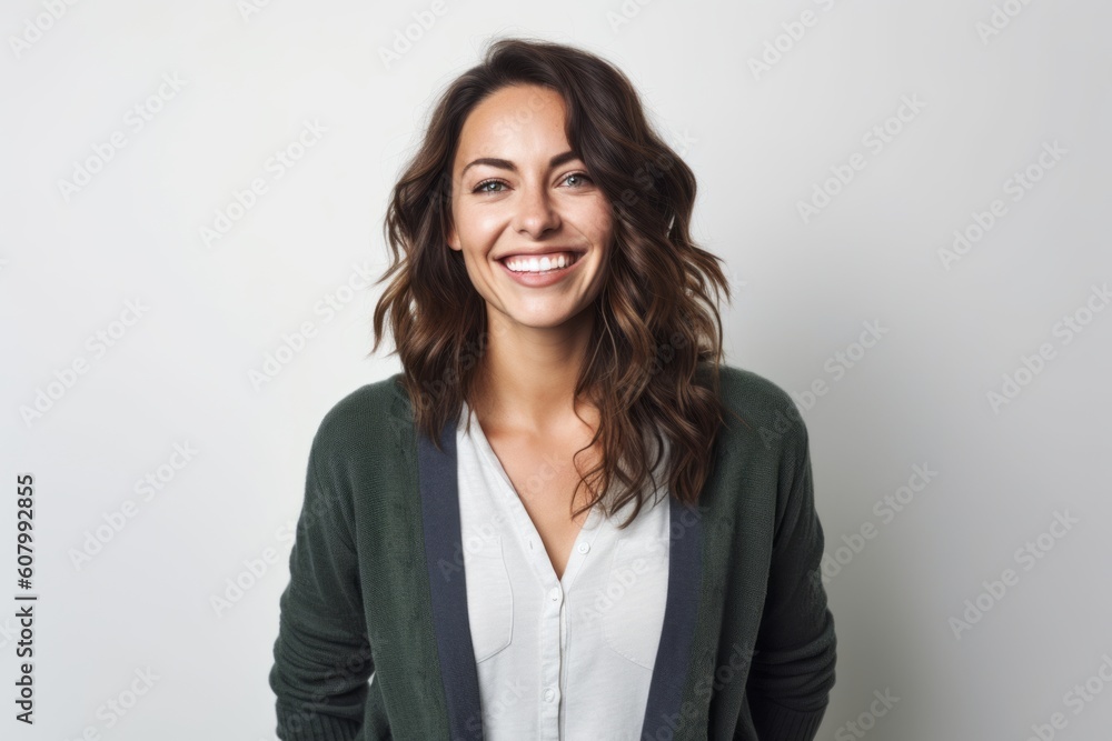 Portrait of a happy young woman smiling at camera over white background Portrait of a happy young woman smiling at camera over white background