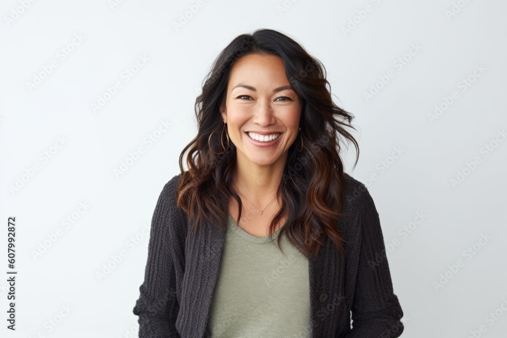 Portrait of a beautiful asian woman smiling at camera over white background Portrait of a beautiful asian woman smiling at camera over white background