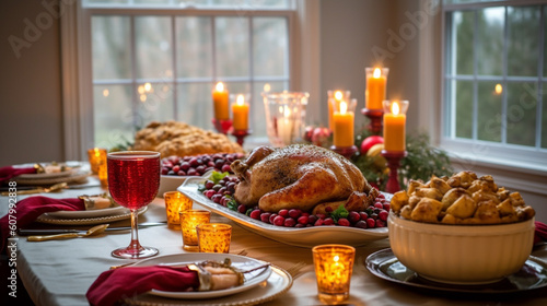 a Table set for a holiday feast with a golden turkey