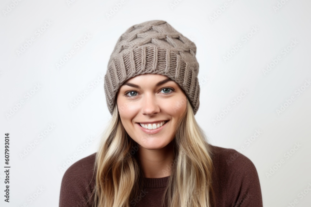 Portrait of a smiling young woman in a knitted hat. Portrait of a smiling young woman in a knitted hat.