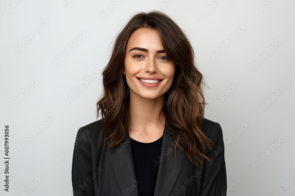 Medium shot portrait photography of a satisfied woman in her 30s that is wearing a sleek suit against a white background . Generative AI Medium shot portrait photography of a satisfied woman in her 30s that is wearing a sleek suit against a white background . Generative AI