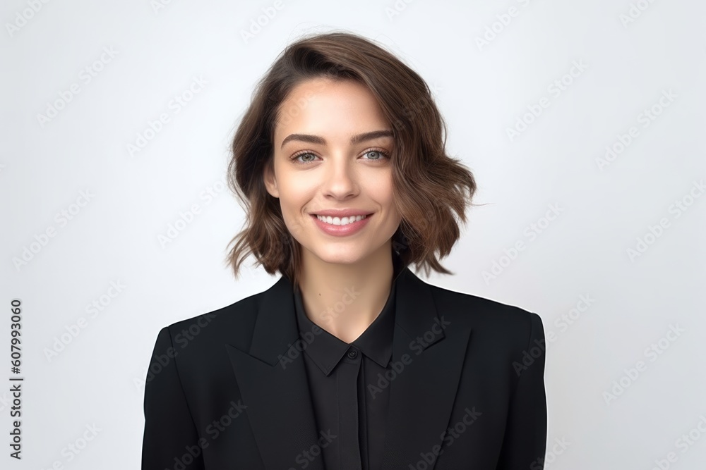 Medium shot portrait photography of a satisfied woman in her 30s that is wearing a sleek suit against a white background . Generative AI Medium shot portrait photography of a satisfied woman in her 30s that is wearing a sleek suit against a white background . Generative AI