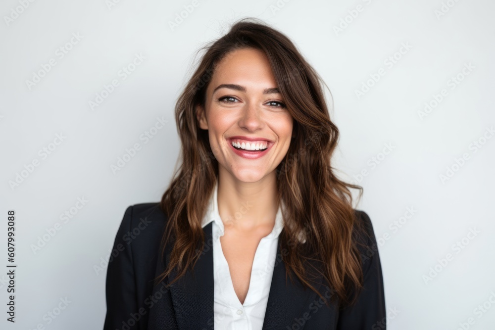 Portrait of a smiling businesswoman standing against white background. Looking at camera. Portrait of a smiling businesswoman standing against white background. Looking at camera.