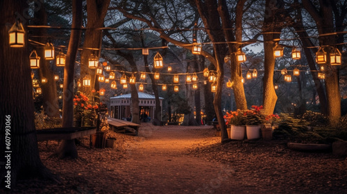 A park filled with lanterns and fairy lights