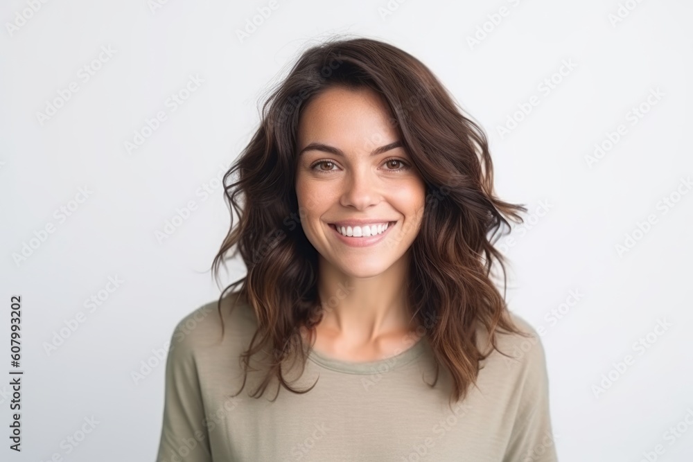 Medium shot portrait photography of a satisfied woman in her 30s that is placed against a white background . Generative AI Medium shot portrait photography of a satisfied woman in her 30s that is placed against a white background . Generative AI