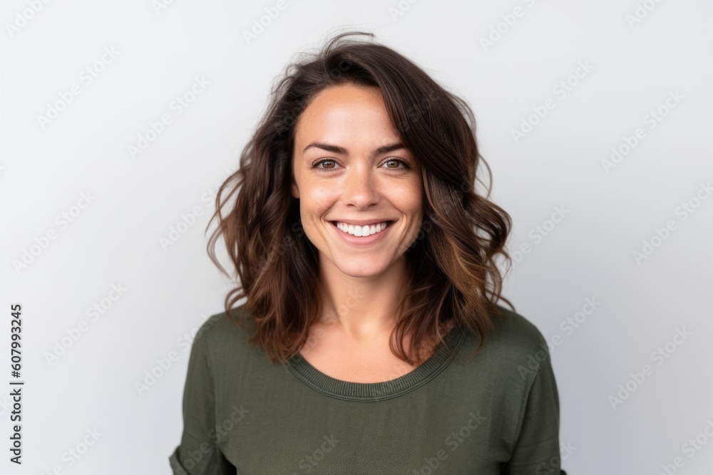 Portrait of a beautiful young woman smiling at the camera while standing against white background Portrait of a beautiful young woman smiling at the camera while standing against white background