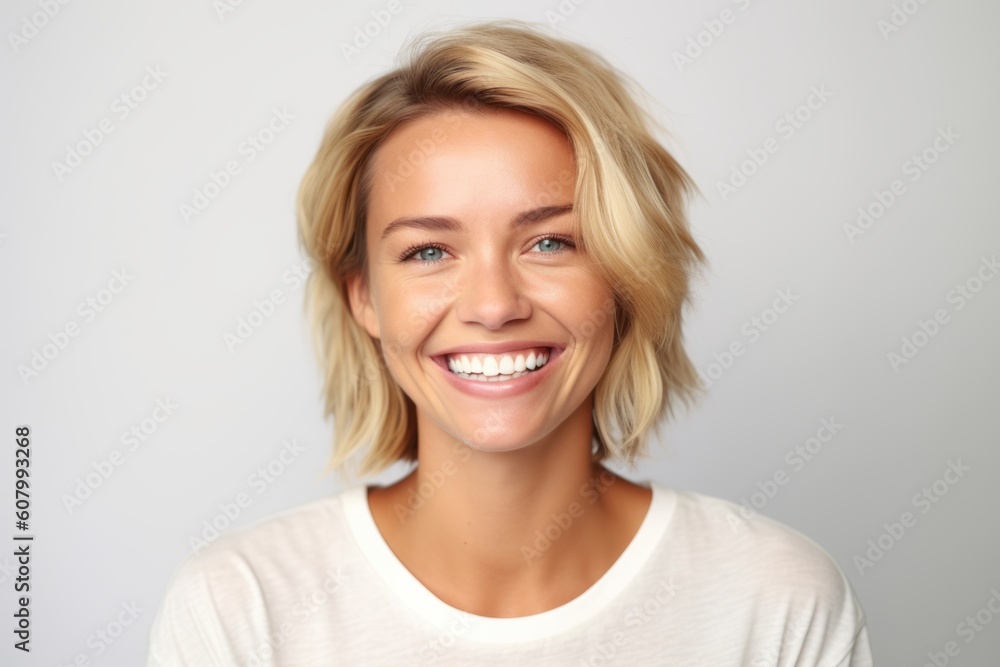 Medium shot portrait photography of a grinning woman in her 30s that is placed against a white background . Generative AI - obrazy, fototapety, plakaty 