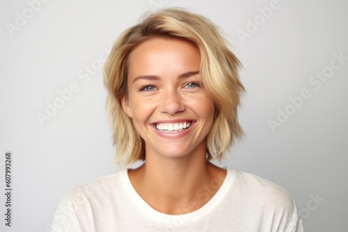 Medium shot portrait photography of a grinning woman in her 30s that is placed against a white background . Generative AI