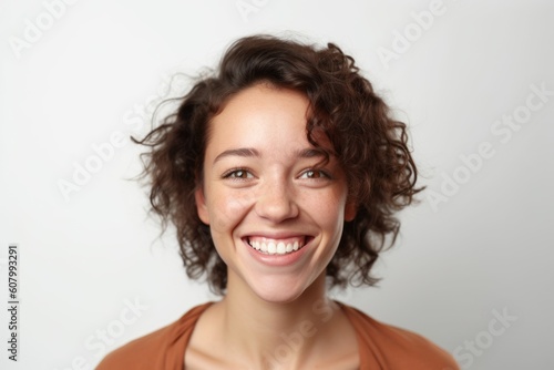Portrait of a smiling young woman with curly hair on white background