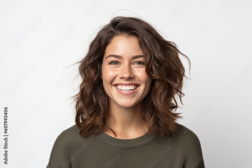 Portrait of a smiling young woman looking at camera over white background Portrait of a smiling young woman looking at camera over white background