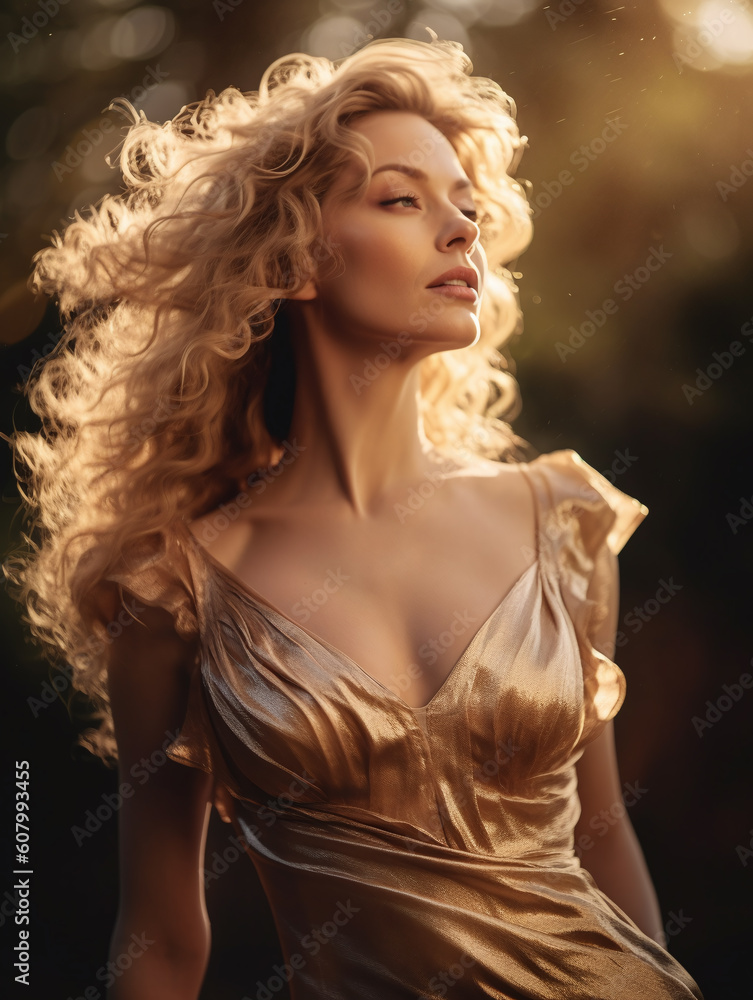 Woman with blond hair in golden dress. Luxury and premium photography for advertising product design. Fashion beautiful Ai Generated woman