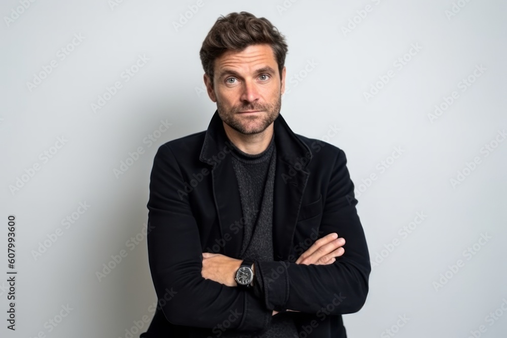 Handsome man over white wall with arms crossed and looking serious Handsome man over white wall with arms crossed and looking serious