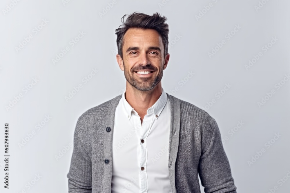 Handsome young man looking at camera and smiling while standing against grey background Handsome young man looking at camera and smiling while standing against grey background