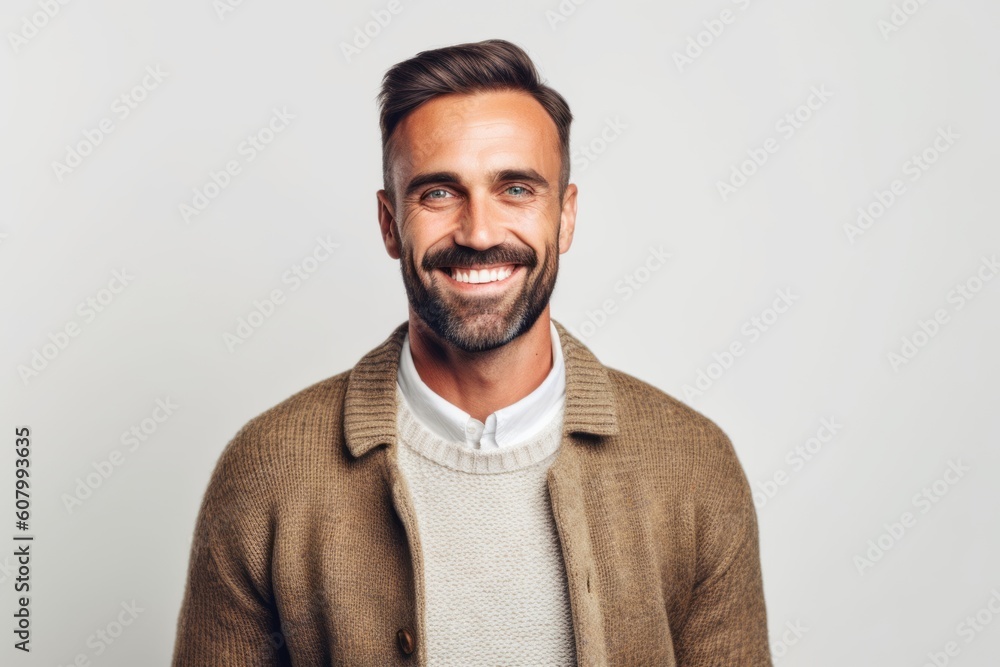Portrait of a handsome man in sweater smiling at camera over white background Portrait of a handsome man in sweater smiling at camera over white background