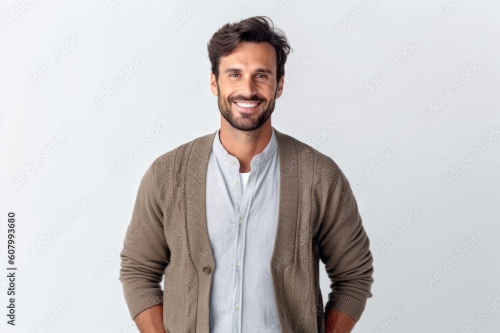 Portrait of handsome man smiling and looking at camera over white background Portrait of handsome man smiling and looking at camera over white background