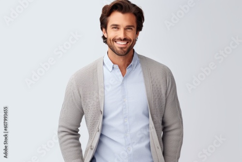 business, people and office concept - smiling young man over grey background