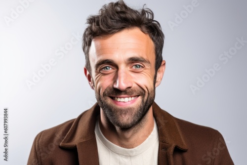 Portrait of a handsome man smiling at the camera on grey background © Robert MEYNER