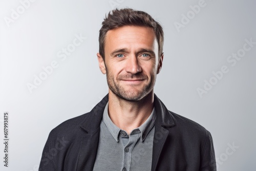 Portrait of a smiling man standing over gray background. Looking at camera © Robert MEYNER