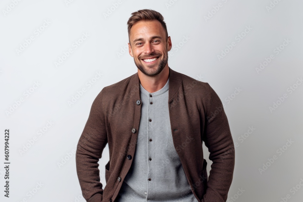 Portrait of a handsome young man smiling at camera while standing against white background Portrait of a handsome young man smiling at camera while standing against white background