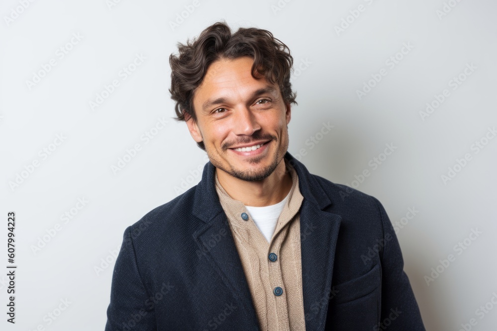 Lifestyle portrait photography of a grinning man in his 30s that is wearing a chic cardigan against a white background . Generative AI Lifestyle portrait photography of a grinning man in his 30s that is wearing a chic cardigan against a white background . Generative AI