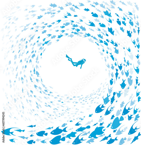 An illustration of divers surrounded by fishes in a spiral formation.