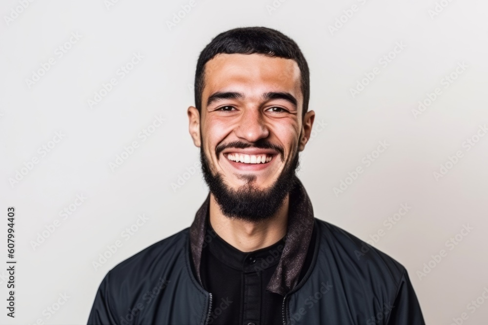 Portrait of a handsome young man smiling on a white background.