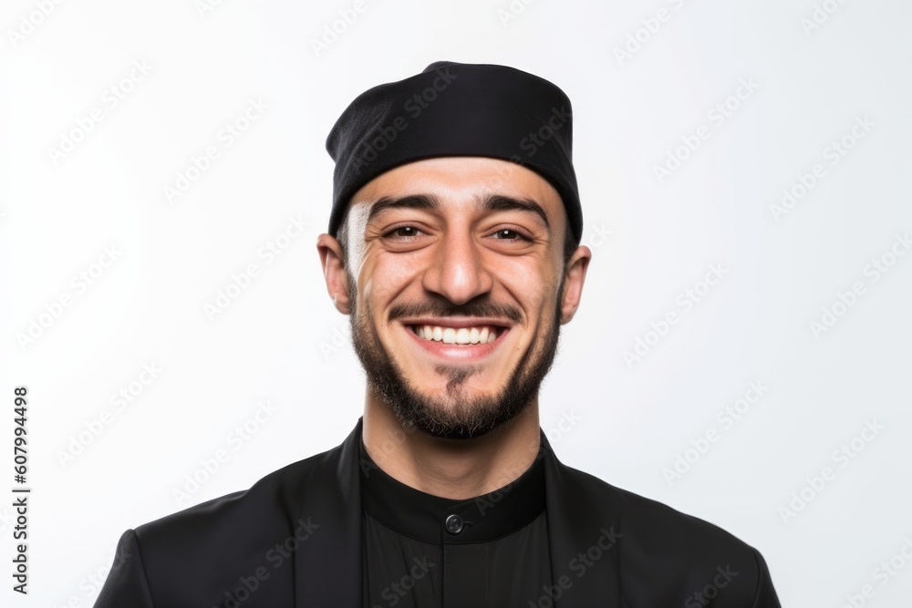 Portrait of a smiling muslim man in black t-shirt and beret isolated on a white background Portrait of a smiling muslim man in black t-shirt and beret isolated on a white background
