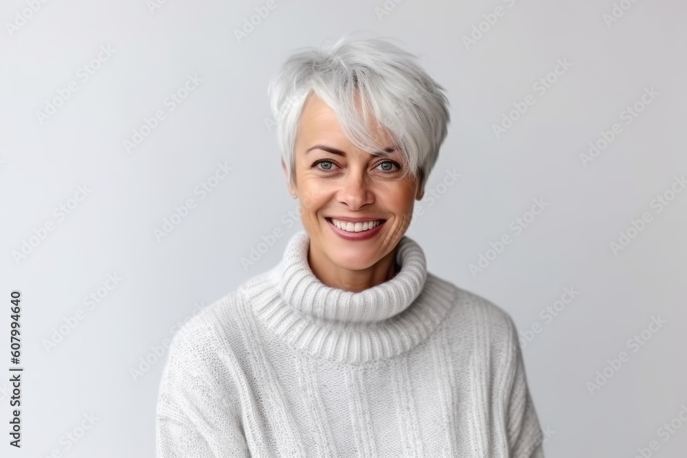 Portrait of a smiling middle-aged woman in a white sweater on a white background Portrait of a smiling middle-aged woman in a white sweater on a white background