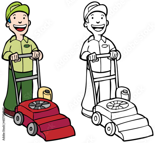 Cartoon image of man mowing lawn - color and black/white versions.