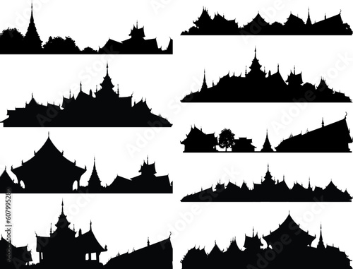 Set of editable vector silhouettes of Buddhist temple complexes