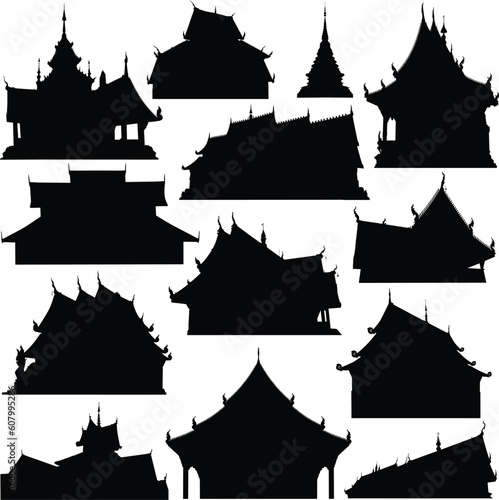 Editable vector silhouettes of temple buildings in Thailand