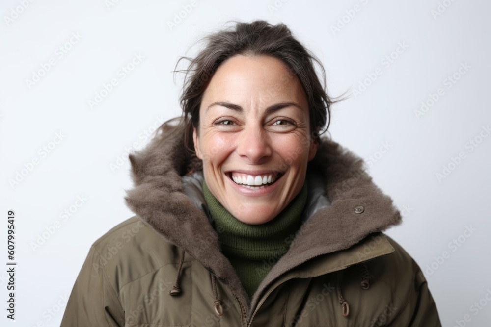 Portrait of a smiling woman in winter jacket against white background. Portrait of a smiling woman in winter jacket against white background.