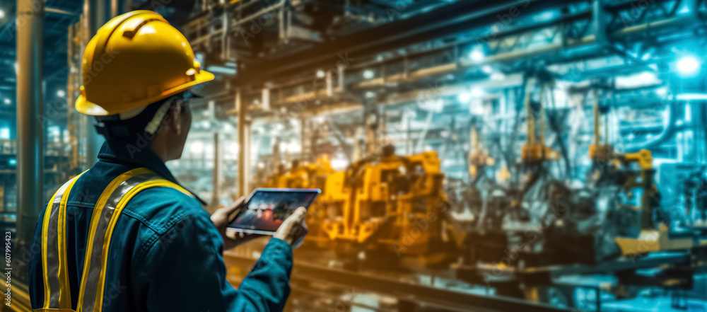 Obraz premium Engineer check and control welding robotics automatic arms machine in factory automotive industrial with digital tablet. blurred digital manufacturing operation. digital ai. Industry 4.0