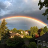 a beautiful rainbow over a small village created with Generative AI technology