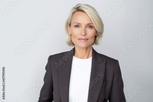 Portrait of a confident mature businesswoman standing against grey background.