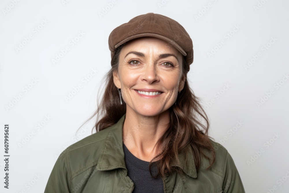 Portrait of a smiling mature woman in a cap on a white background Portrait of a smiling mature woman in a cap on a white background