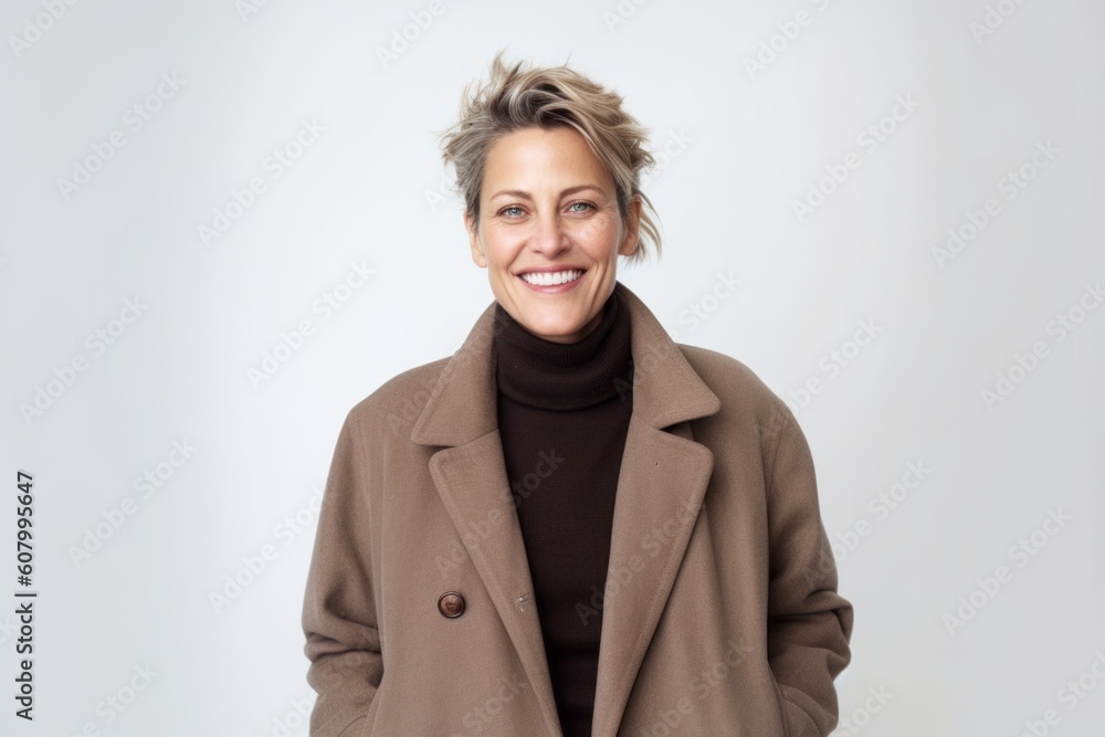 Portrait of a beautiful middle aged woman wearing coat and smiling at the camera Portrait of a beautiful middle aged woman wearing coat and smiling at the camera