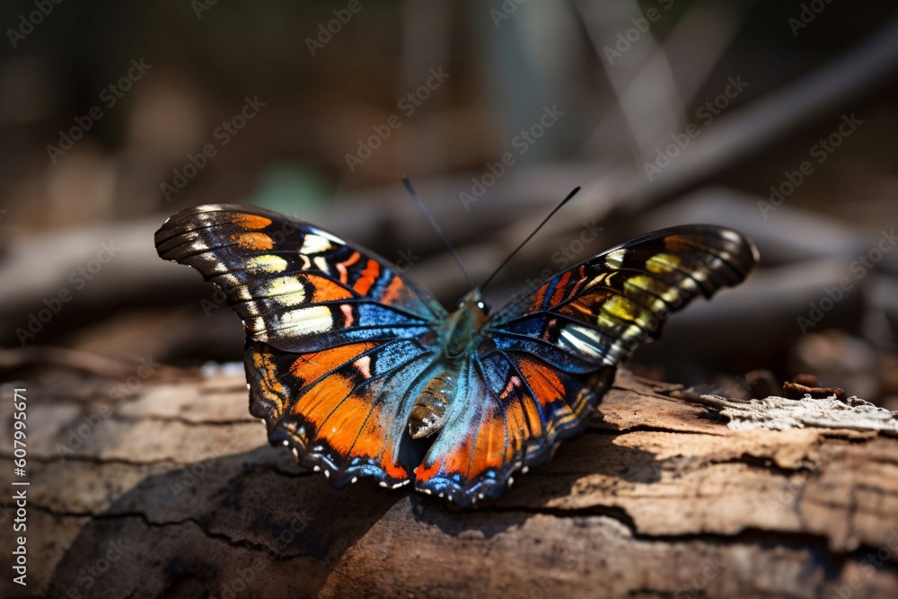 Fototapeta premium beautiful colorful butterfly sitting on a tree trunk created with Generative AI technology