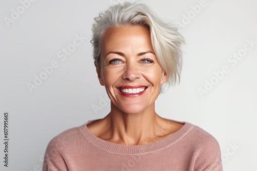 Close up portrait of smiling mature woman looking at camera over white background