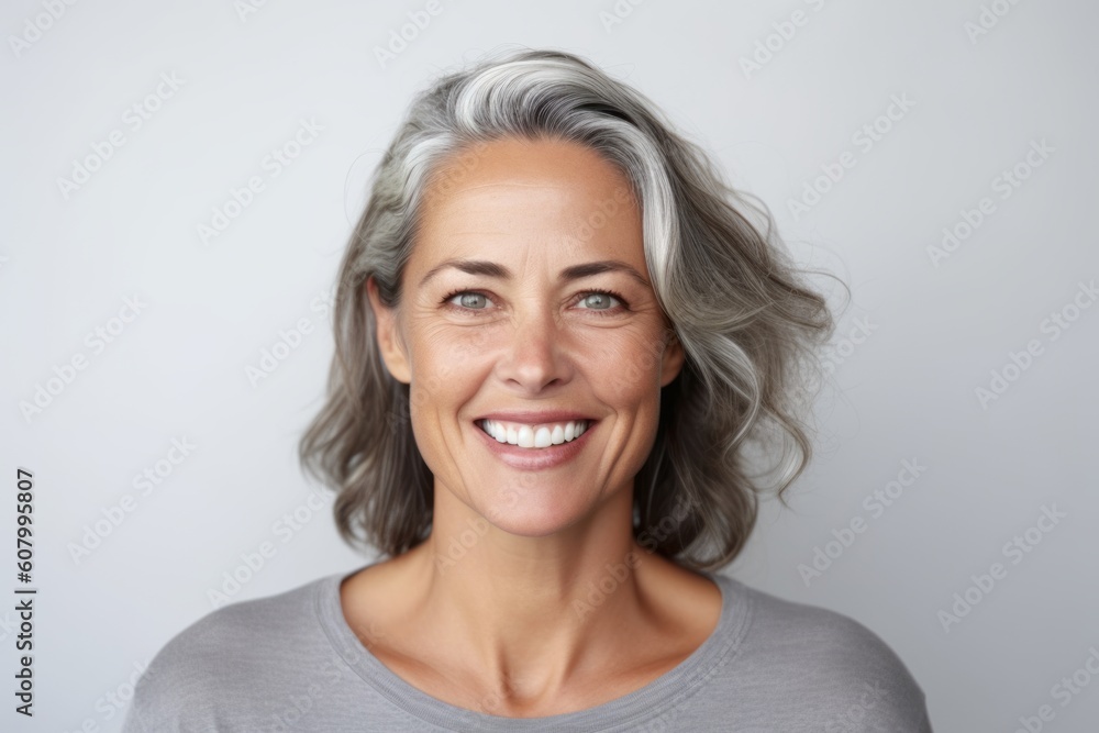 Medium shot portrait photography of a grinning woman in her 40s that is placed against a white background . Generative AI Medium shot portrait photography of a grinning woman in her 40s that is placed against a white background . Generative AI