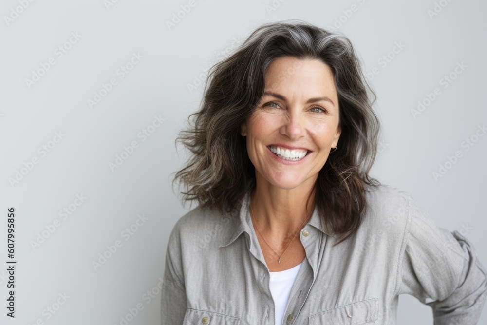 Portrait of beautiful middle aged woman smiling at camera over grey background Portrait of beautiful middle aged woman smiling at camera over grey background