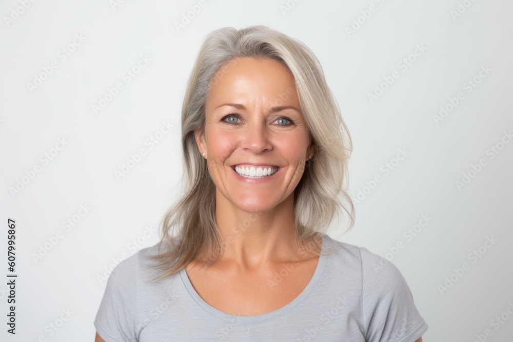 Portrait of a happy mature woman smiling at camera over white background Portrait of a happy mature woman smiling at camera over white background