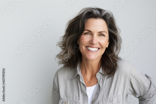 Portrait of beautiful middle aged woman smiling at camera over grey background