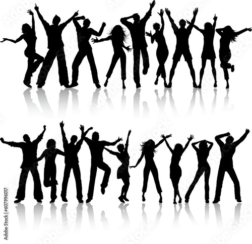 Silhouettes of people dancing on white background