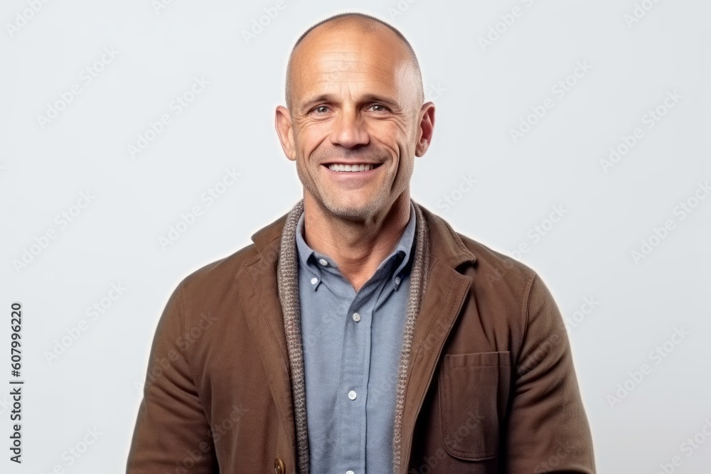 Portrait of a smiling middle-aged bald man in a brown jacket Portrait of a smiling middle-aged bald man in a brown jacket