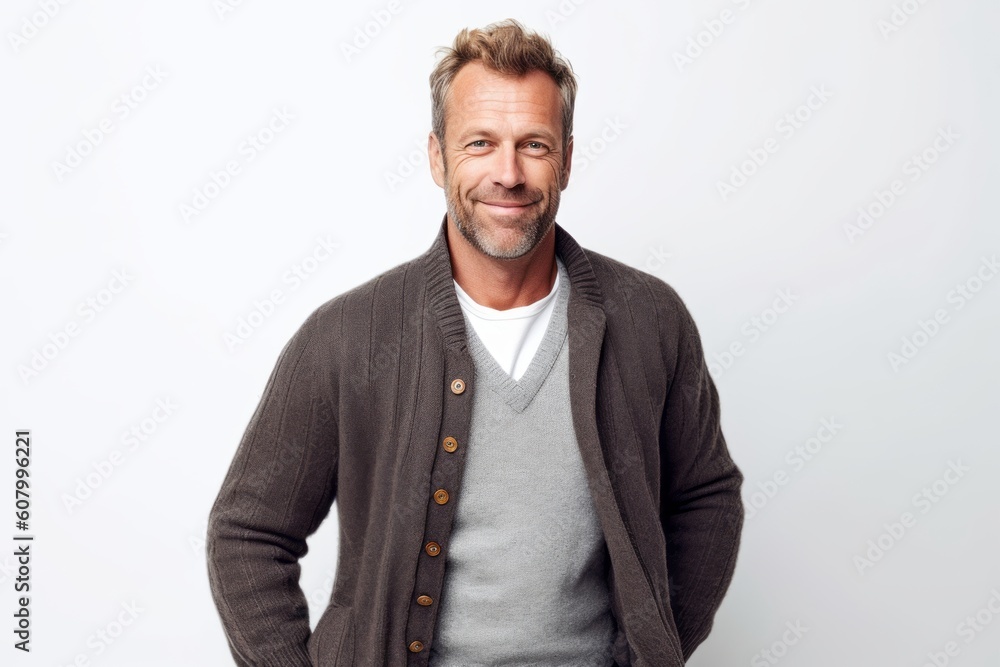 Portrait of a handsome mature man smiling at the camera while standing against white background Portrait of a handsome mature man smiling at the camera while standing against white background