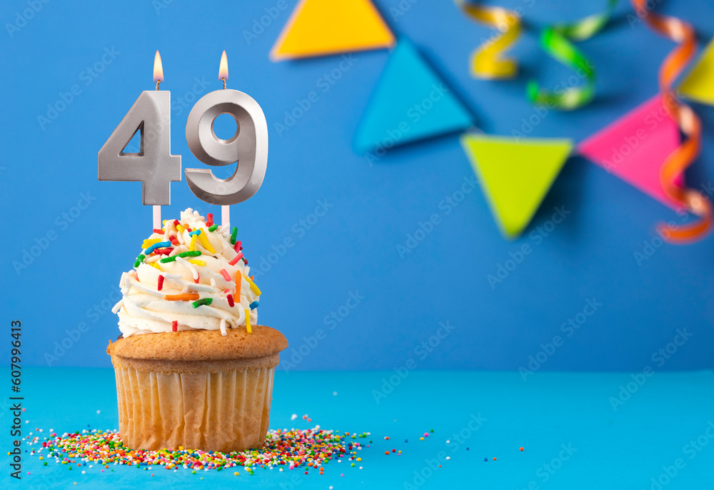 Candle number 49 - Cake birthday in blue background