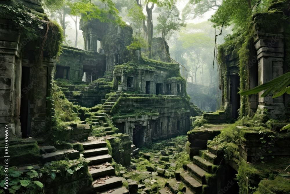 Ancient ruins embrace nature's reawakening. Generative AI