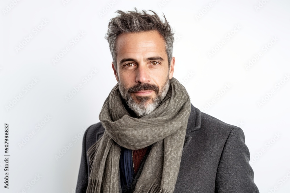 Portrait of a handsome bearded man wearing a gray coat and scarf Portrait of a handsome bearded man wearing a gray coat and scarf